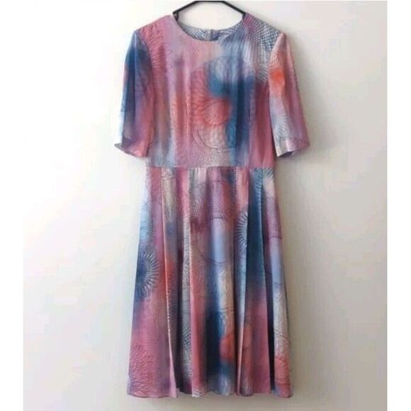 Jigsaw Pleated Silk Purple Pink Dress‎ Multicolor Art Watercolor Silk size 6 - Picture 2 of 9